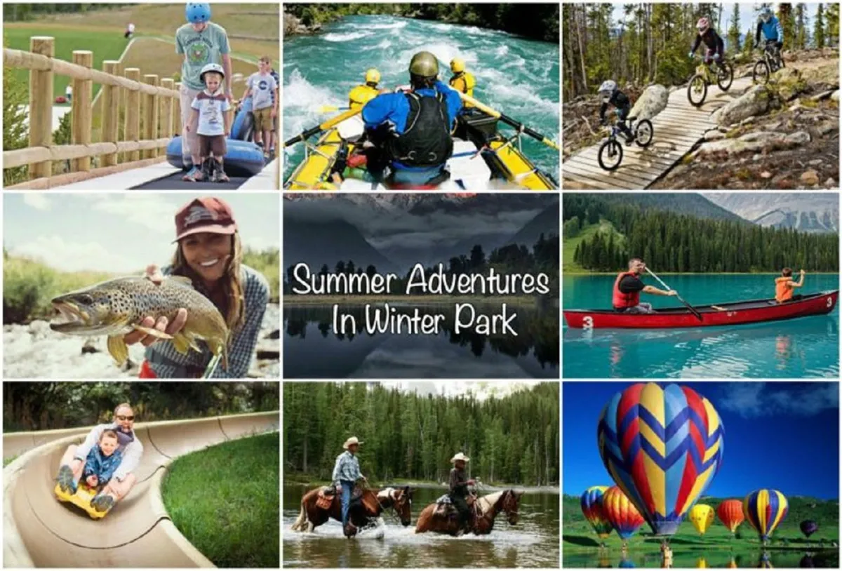 A vibrant, multi-scene outdoor view showcasing a family rafting down a river, people biking on a trail, children enjoying a slide, and other adventure activities like kayaking, fishing, horseback riding, and even hot air balloons in the background. The image is energetic and filled with summer activity, perfectly reflecting the excitement of the local area.